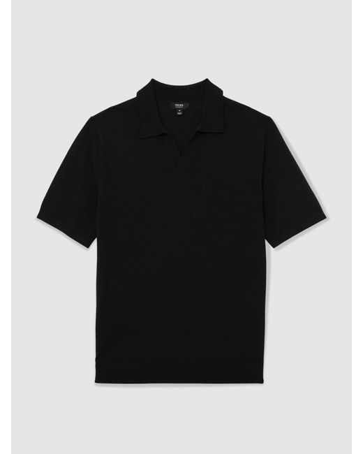 Reiss Black Merino Wool Open Collar Polo Shirt for men