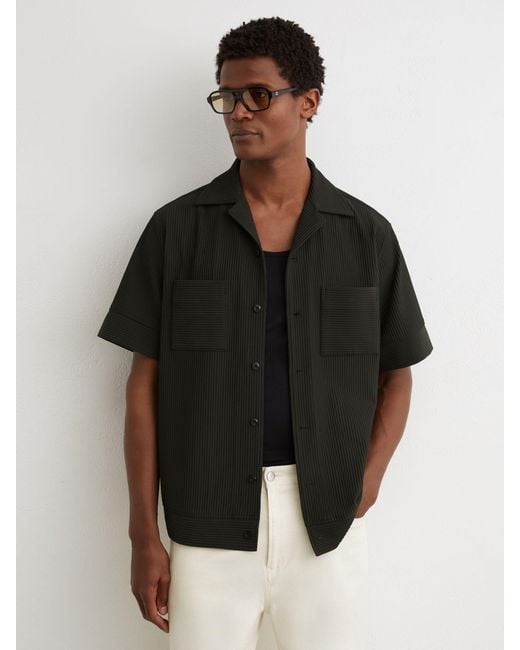 Reiss Black Ribbed Cuban-Collar Shirt for men