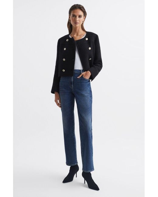 Reiss Blue Esmie - Black Cropped Double Breasted Jacket, Us 14