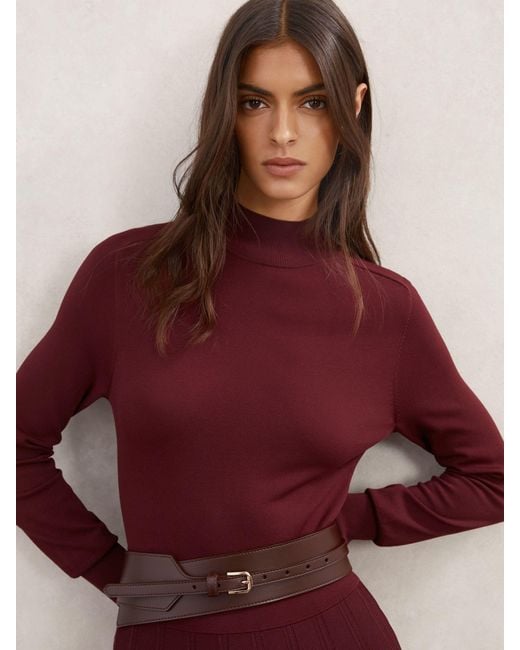 Reiss Red Petite Belted Knit Pleated Midi Dress