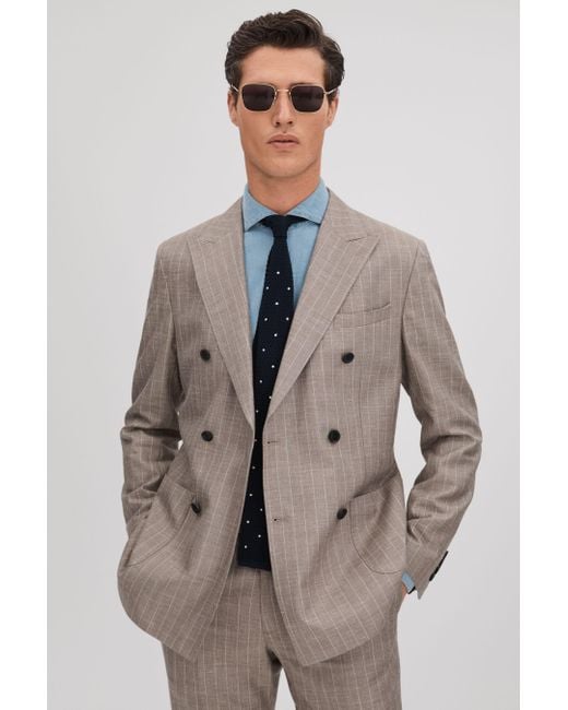 Reiss Gray Epsom - Mocha Slim Fit Wool-silk-linen Double Breasted Blazer for men