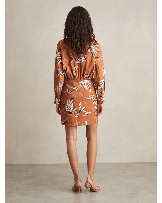 Reiss Brown Valia - Rust Cotton Printed Shirt Dress, Us 0