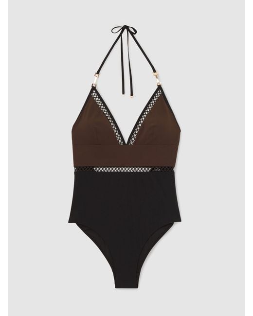Reiss Black Chocolate & Colour-Block Lattice-Trim Swimsuit