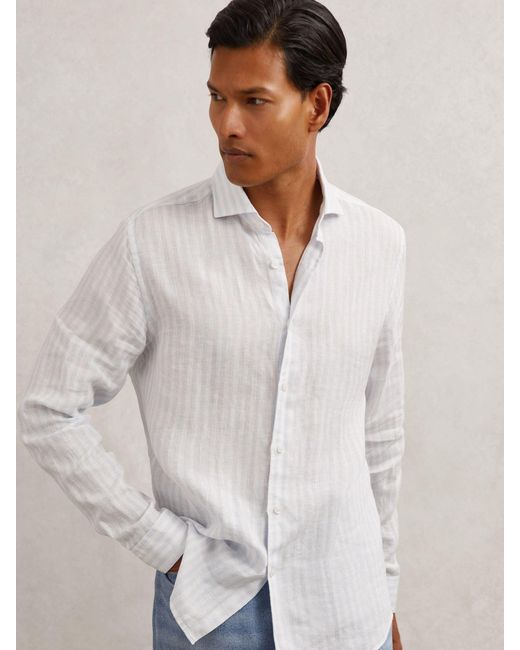 Reiss White Pale & Stripe Linen Striped Cutaway-Collar Shirt Regular-Fit for men
