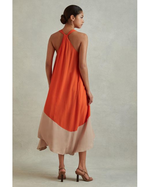 Reiss Elias - Orange Ruched Dipped Hem Midi Dress