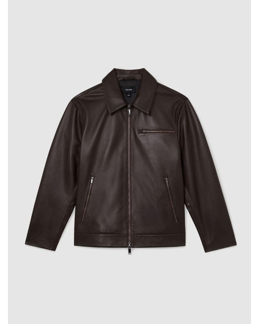 Reiss Black Leather Zip-Through Jacket for men
