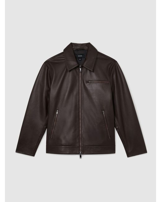Reiss Black Leather Zip-Through Jacket for men
