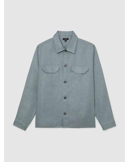 Reiss Blue Linen Herringbone-Stripe Regular-Fit Shirt for men