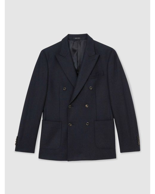 Reiss Blue Carson Flannel Double-Breasted Blazer Tailored-Fit for men