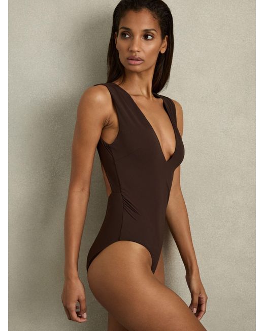 Reiss Brown Naomi - Mocha Plunge Ruched Open-back Swimsuit, Us 8