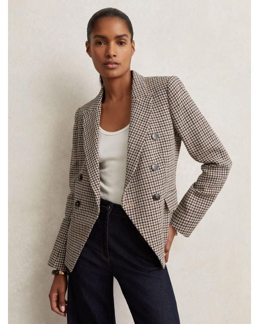 Reiss Natural Cotton-Linen Double-Breasted Houndstooth-Check Blazer