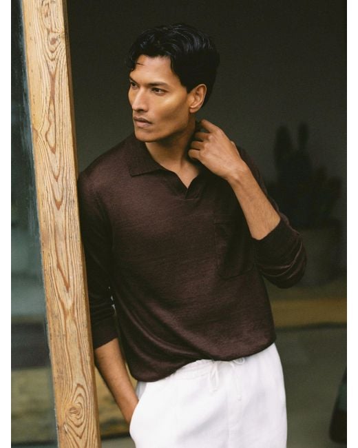 Reiss Multicolor Oaklands - Chocolate Brown Linen Open-collar Regular-fit Polo Shirt, Xs for men
