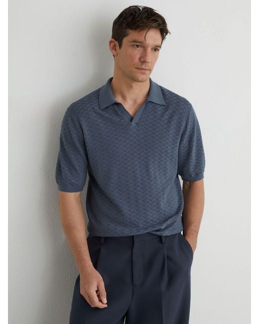 Reiss Blue Textured-Knit Open-Collar Polo Shirt for men