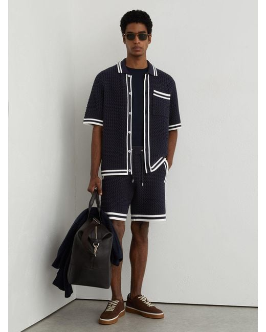 Reiss Blue Cotton Crochet Drawstring Shorts for men
