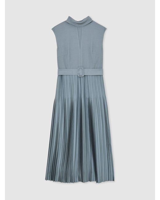 Reiss Blue Roll-Neck Belted Pleated Midi Dress
