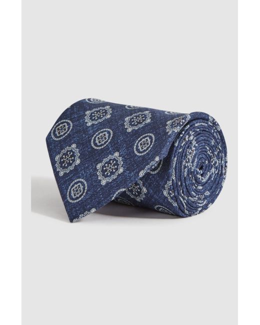 Reiss Blue Vasari - Indigo Melange Silk Medallion Print Tie, One for men