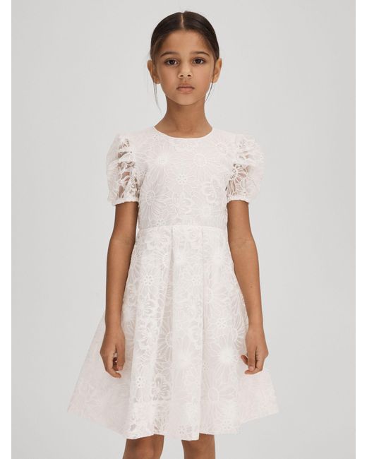Reiss Natural Cotton Floral Lace Puff Sleeve Dress, Size: 13-14 Years