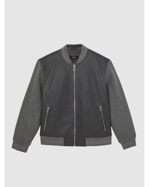 Reiss Gray Leather Contrast-Sleeve Bomber Jacket for men