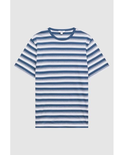 Reiss Dean - Blue/white Cotton Crew Neck Striped T-shirt for men