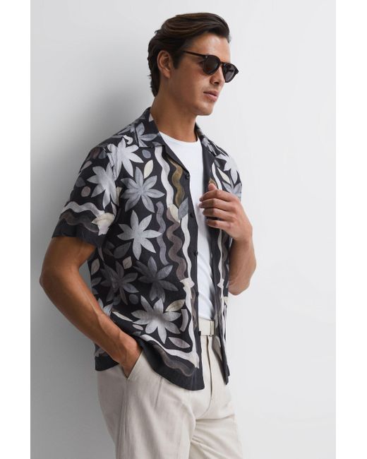 Reiss Gray Delphi - Black Multi Linen Floral Cuban Collar Shirt for men