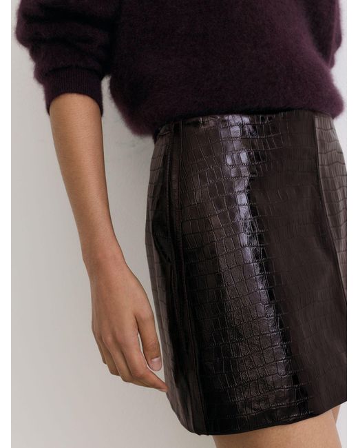 Reiss Black Cora - Burgundy Leather Crocodile-effect Mini Skirt, Us 8