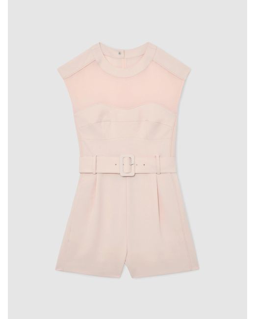 Reiss Natural Sheer-Panel Structured Belted Playsuit