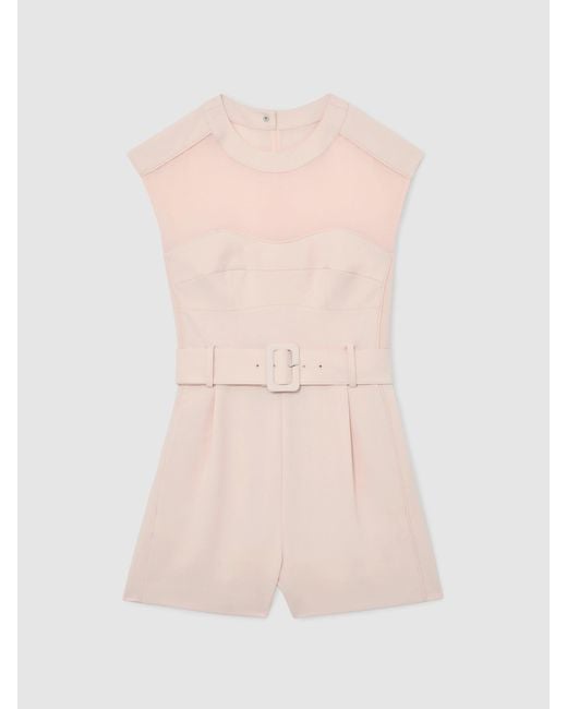 Reiss Natural Sheer-Panel Structured Belted Playsuit