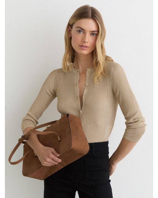 Reiss Natural Metallic Rib-Knit Cardigan