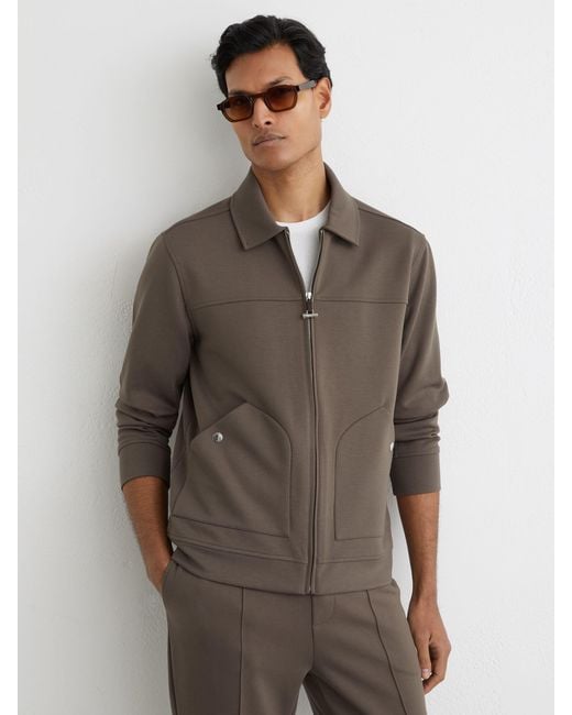 Reiss Brown Premium Interlock Zip-Through Overshirt for men