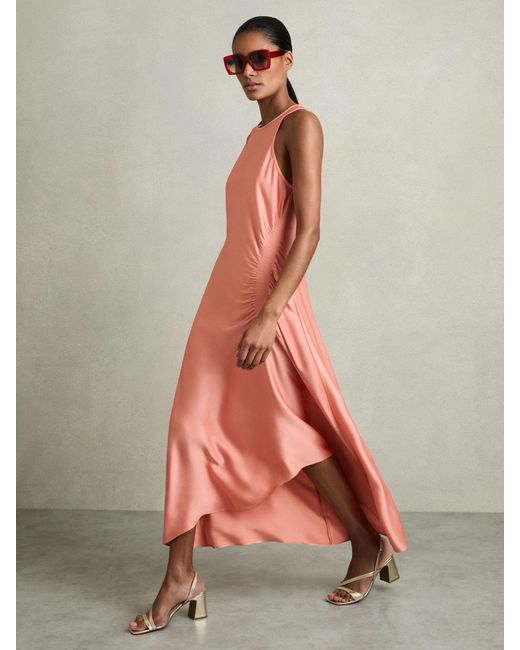 【海外限定】REISSドレス☆Anessa Satin Shirred Midi Dress in Reiss Satin Shirred Midi Dress in Coral | REISS