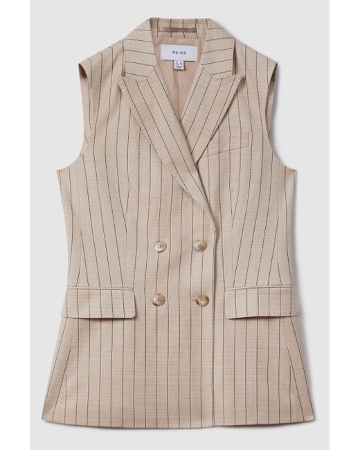 Reiss Natural Odette - Neutral Petite Wool Blend Striped Double Breasted Waistcoat