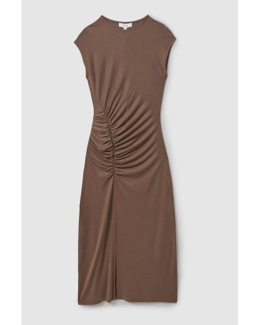 Reiss Natural Lenara - Chocolate Ruche Front Capped Sleeve Jersey Midi Dress