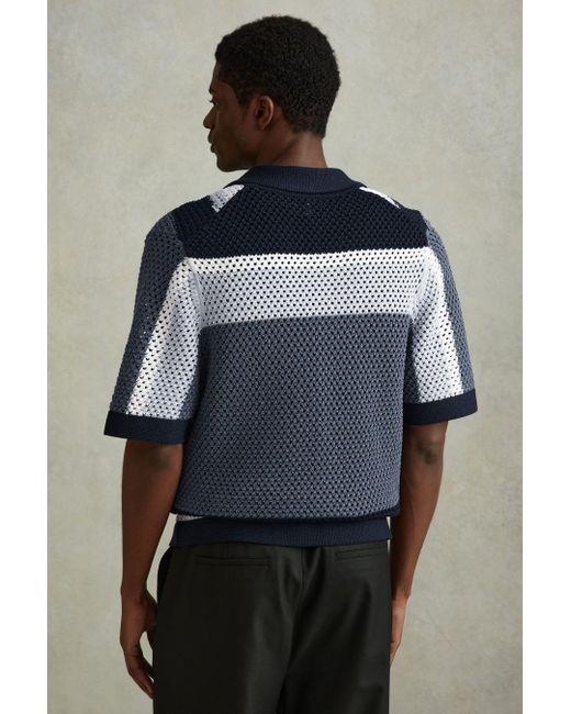 Reiss Multicolor Panko - Navy Multi Cotton Blend Crochet Cuban Collar Shirt, Xs for men