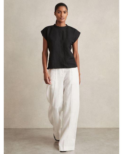 Reiss Black Linen-Blend Cap-Sleeve T-Shirt