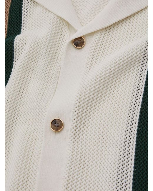 Reiss Natural Danube - White/dark Green Ché Knitted Contrast Stripe Cuban Collar Shirt, S for men