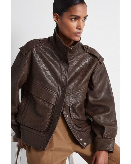 Reiss Brown Atelier Grained Leather Jacket