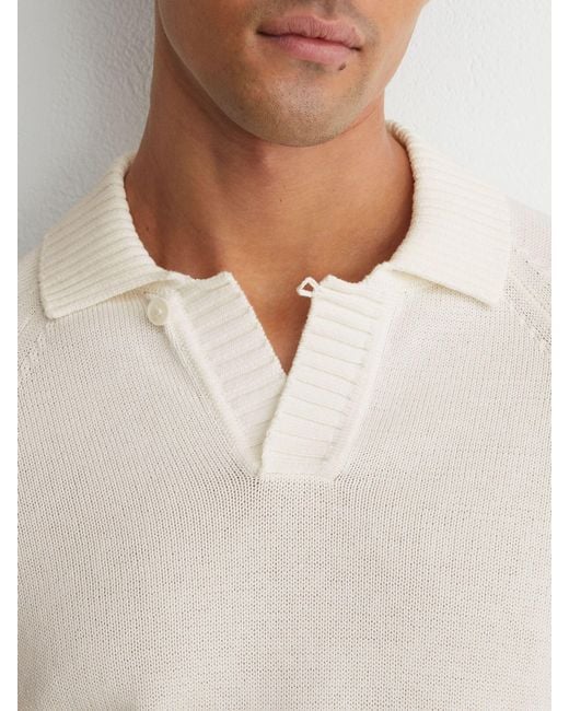 Reiss White Cotton Open-Collar Polo Jumper for men