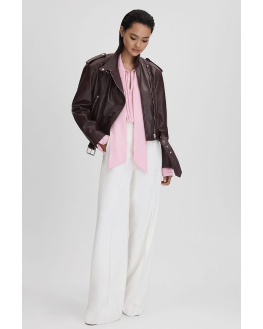 Reiss Brown Maeve - Berry Cropped Leather Biker Jacket