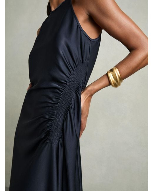 Reiss Gray Anessa - Navy Petite Satin Shirred Midi Dress, Us 2