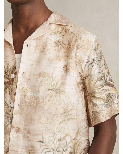 Reiss Natural Yoshi - Soft Sage Green Jungle Print Cuban-collar Shirt, 2x-large for men