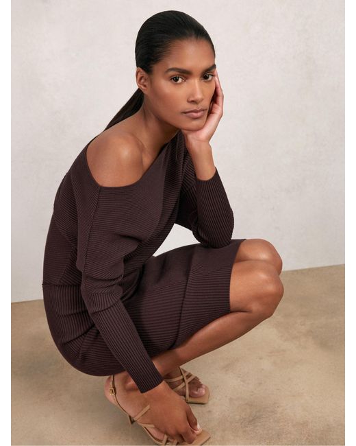 Reiss Multicolor Lara - Mink Off-the-shoulder Ribbed Midi Dress, L (us 12-14)