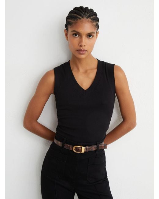 Reiss Black Stretch-Cotton Rib Ruched V-Neck Vest