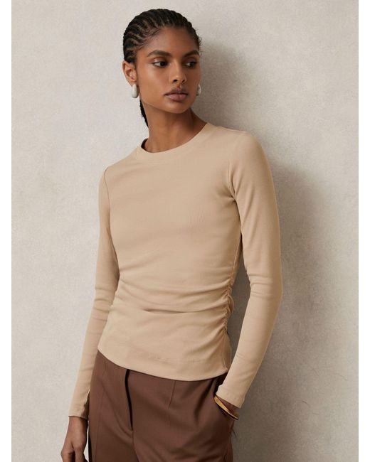 Reiss Natural Tessa Cotton Long-Sleeve Ruched T-Shirt With Stretch