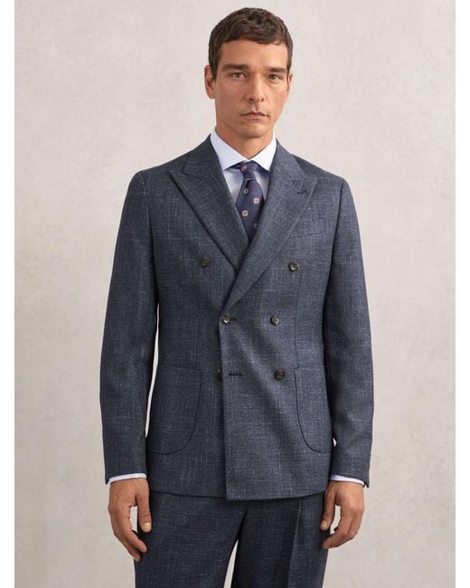 Reiss Blue Double-Breasted Herringbone Blazer Tailored-Fit Wool-Blend for men