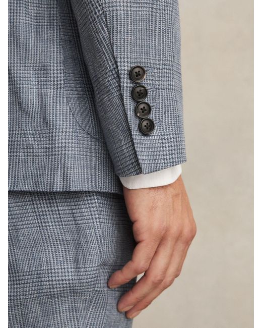 Reiss Gray Slim Fit Single Breasted Linen Check Suit Blazer for men