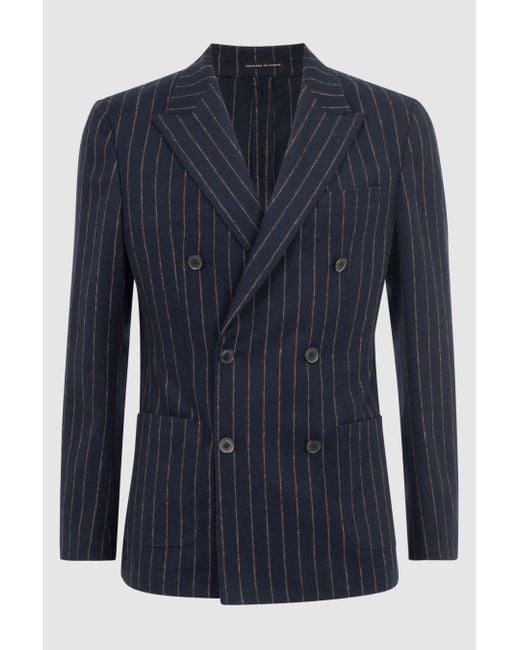 Reiss Blue Patch - Navy Slim Fit Wool Double Breasted Pinstripe Blazer for men