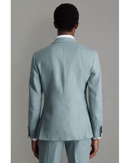 Reiss Gray Kin - Aqua Blue Slim Fit Single Breasted Linen Blazer for men