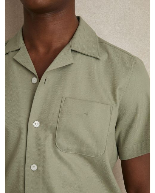 Reiss Green Nitus Herringbone Twill Cuban Collar Short Sleeve Shirt for men