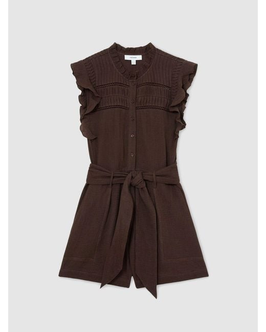 Reiss Brown Cotton Cheesecloth Ruffle-Detail Playsuit