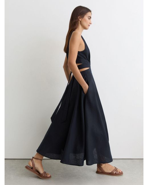 Reiss Hazel Linen-Cotton Cut-Out Midi Dress in Blue | Lyst
